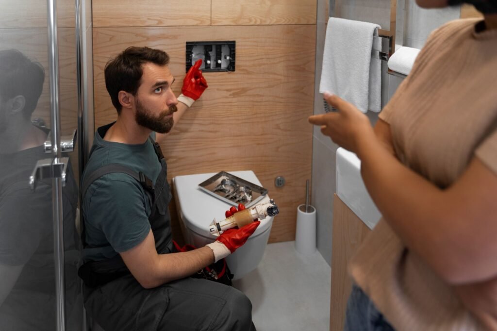 Photo d'un réparateur qui répare une fuite de wc suspendu